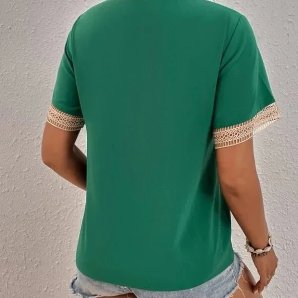 Bohemian  V-neck Lace Solid Minimalist Blouse green - Picture 3 of 5